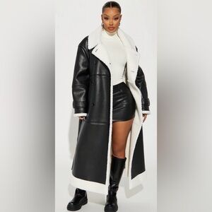 Fashion Nova “Hard To Replace” Faux Leather Shearling Trench Coat – Black